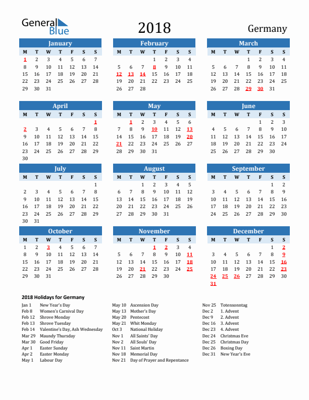 Printable Calendar 2018 with Germany Holidays (Monday Start)