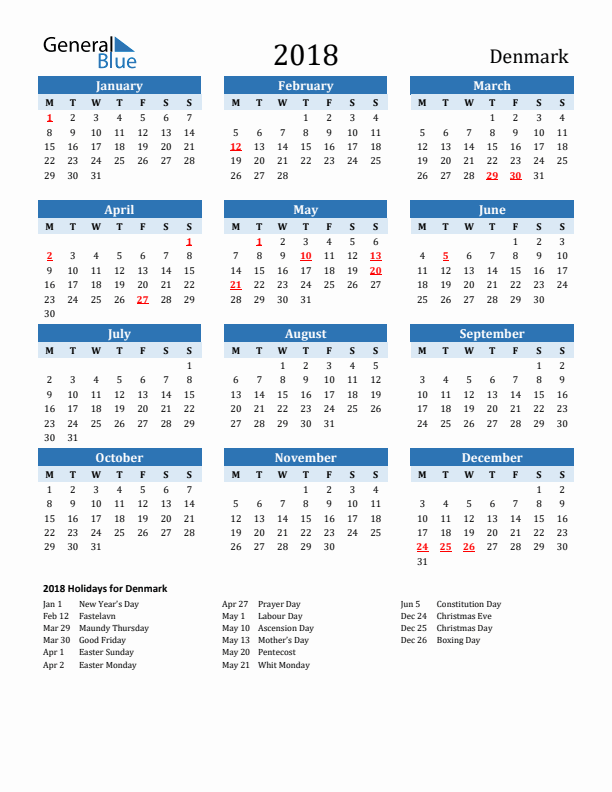 Printable Calendar 2018 with Denmark Holidays (Monday Start)