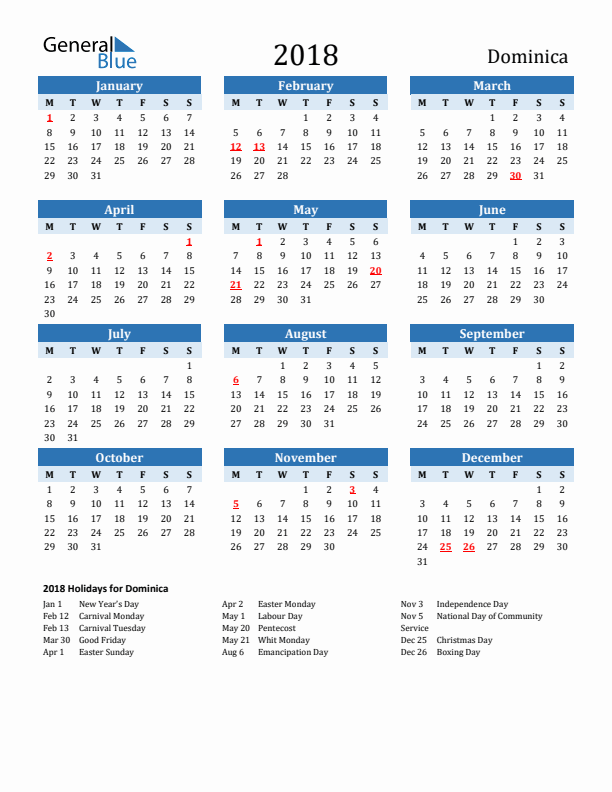 Printable Calendar 2018 with Dominica Holidays (Monday Start)