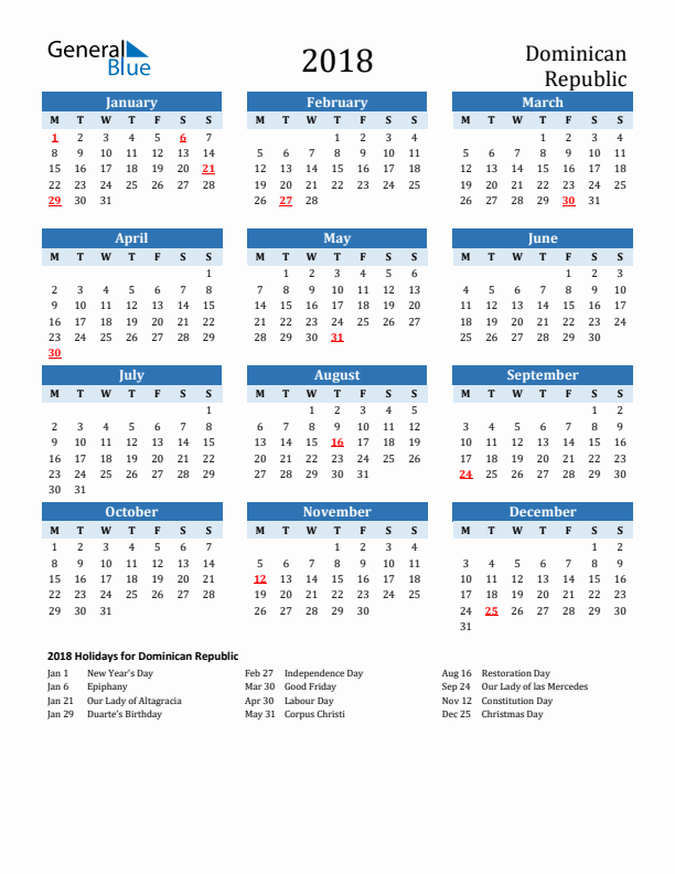 Printable Calendar 2018 with Dominican Republic Holidays (Monday Start)