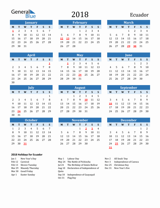 Printable Calendar 2018 with Ecuador Holidays (Monday Start)