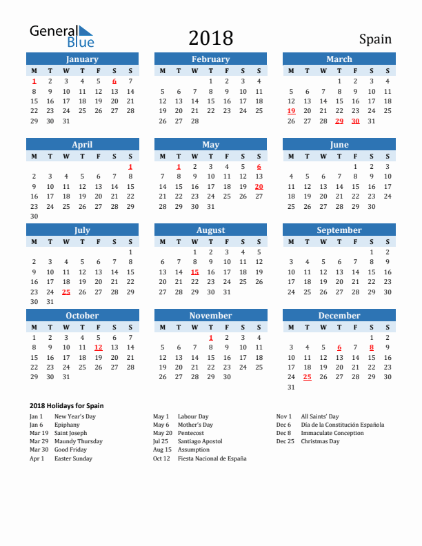 Printable Calendar 2018 with Spain Holidays (Monday Start)