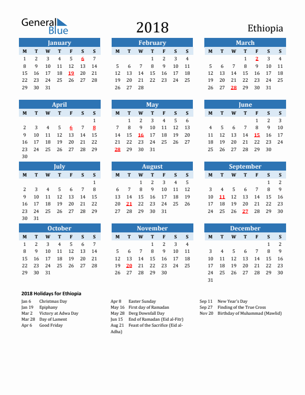 Printable Calendar 2018 with Ethiopia Holidays (Monday Start)