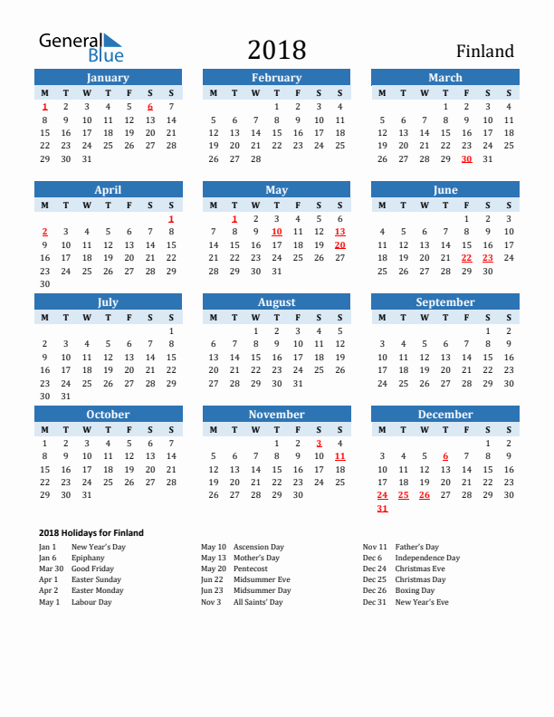 Printable Calendar 2018 with Finland Holidays (Monday Start)