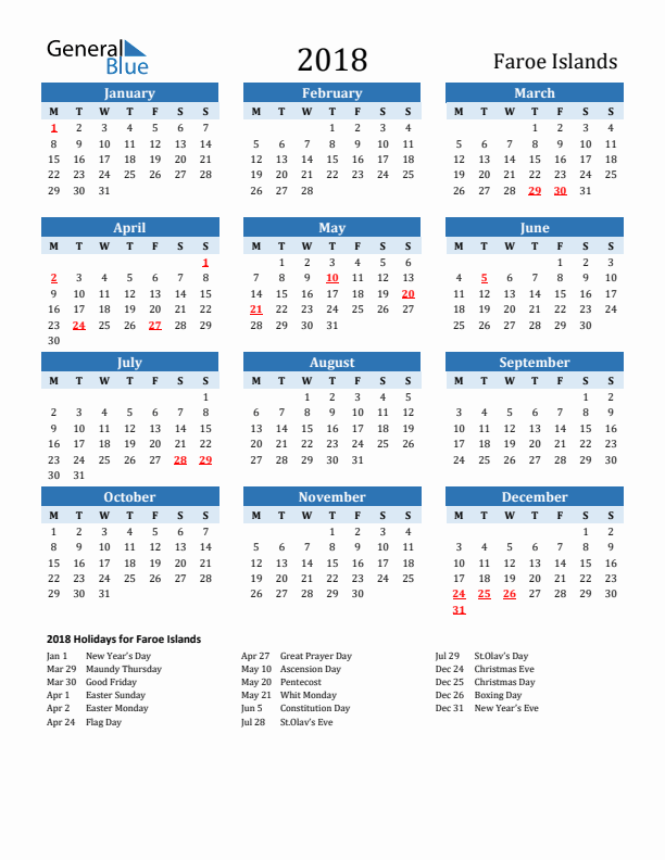 Printable Calendar 2018 with Faroe Islands Holidays (Monday Start)
