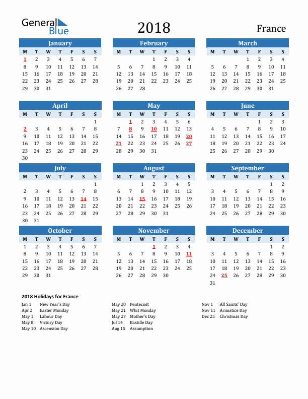 Printable Calendar 2018 with France Holidays (Monday Start)