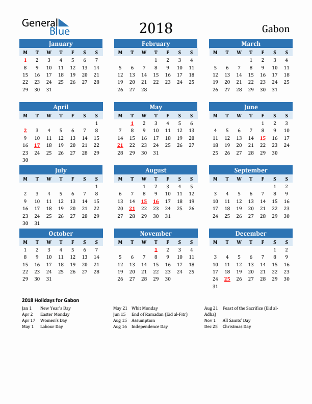 Printable Calendar 2018 with Gabon Holidays (Monday Start)