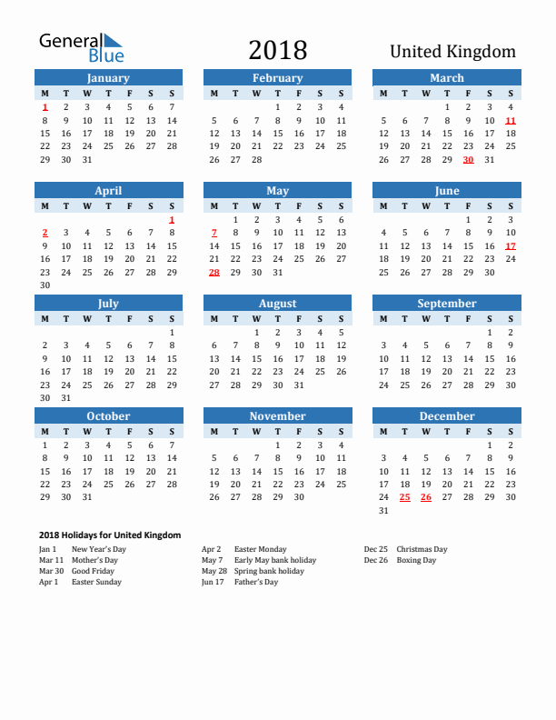 Printable Calendar 2018 with United Kingdom Holidays (Monday Start)