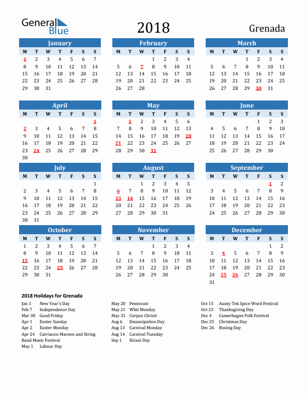 Printable Calendar 2018 with Grenada Holidays (Monday Start)