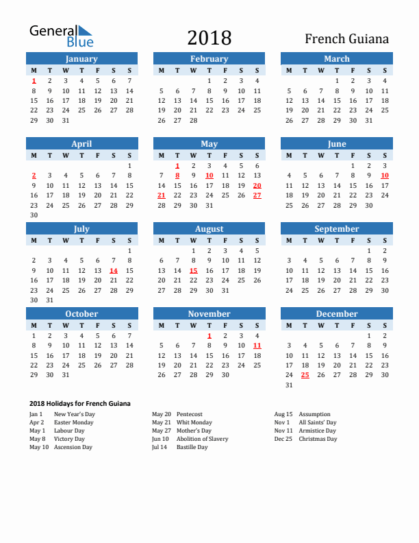 Printable Calendar 2018 with French Guiana Holidays (Monday Start)