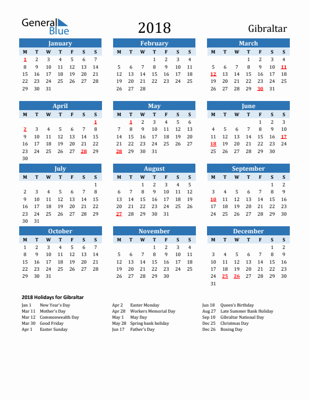 Printable Calendar 2018 with Gibraltar Holidays (Monday Start)