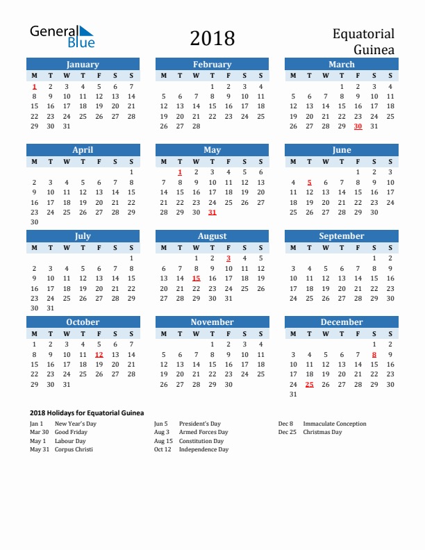 Printable Calendar 2018 with Equatorial Guinea Holidays (Monday Start)
