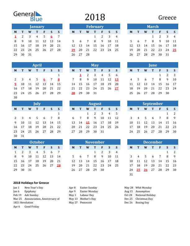 Printable Calendar 2018 with Greece Holidays (Monday Start)
