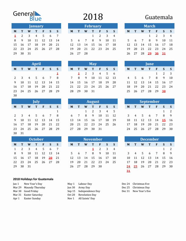 Printable Calendar 2018 with Guatemala Holidays (Monday Start)
