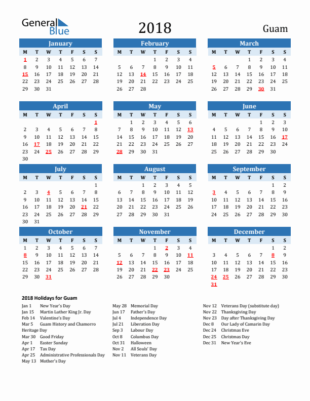 Printable Calendar 2018 with Guam Holidays (Monday Start)