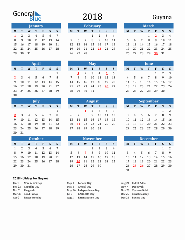 Printable Calendar 2018 with Guyana Holidays (Monday Start)