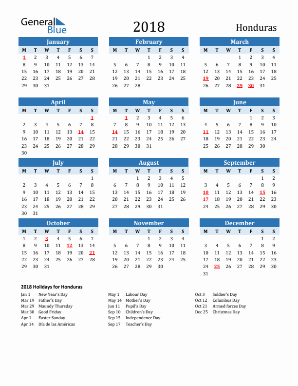 Printable Calendar 2018 with Honduras Holidays (Monday Start)