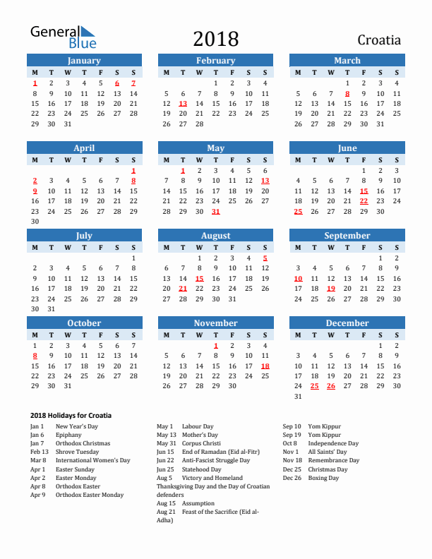 Printable Calendar 2018 with Croatia Holidays (Monday Start)