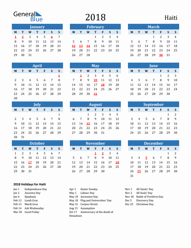 Printable Calendar 2018 with Haiti Holidays (Monday Start)