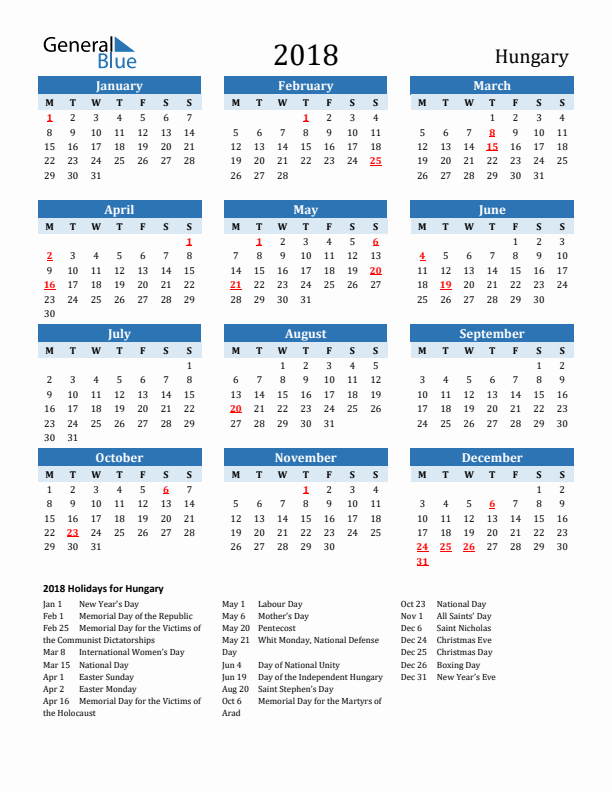 Printable Calendar 2018 with Hungary Holidays (Monday Start)
