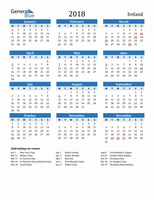 Printable Calendar 2018 with Ireland Holidays (Monday Start)
