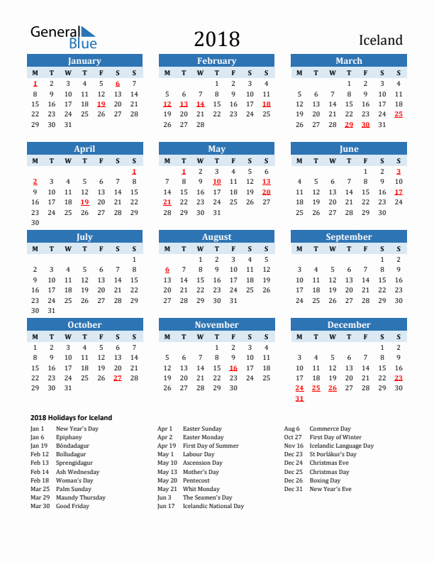 Printable Calendar 2018 with Iceland Holidays (Monday Start)