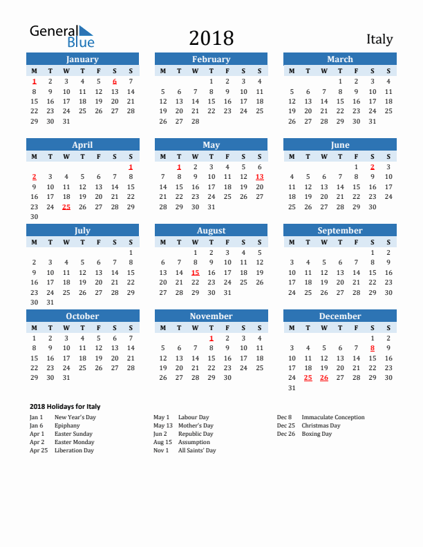 Printable Calendar 2018 with Italy Holidays (Monday Start)