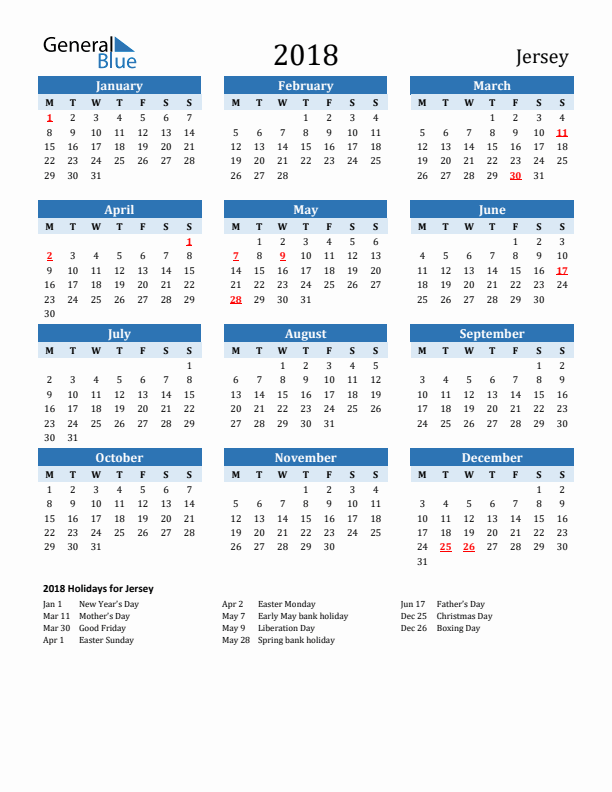 Printable Calendar 2018 with Jersey Holidays (Monday Start)