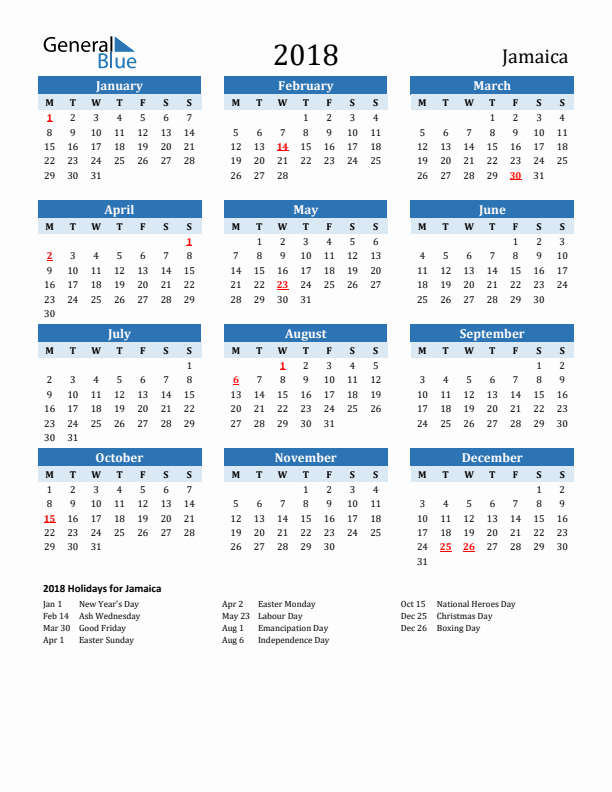 Printable Calendar 2018 with Jamaica Holidays (Monday Start)