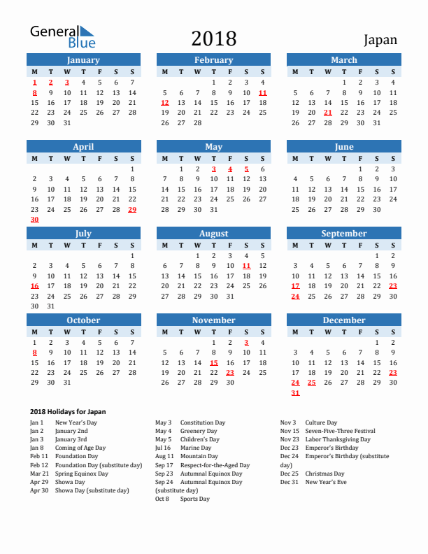 Printable Calendar 2018 with Japan Holidays (Monday Start)