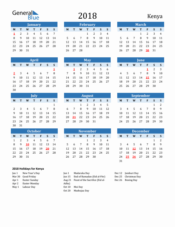 Printable Calendar 2018 with Kenya Holidays (Monday Start)