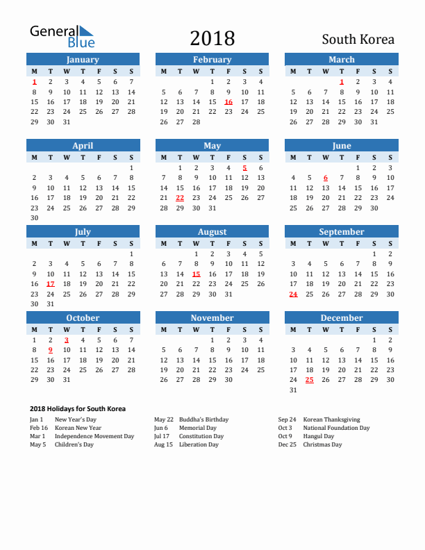 Printable Calendar 2018 with South Korea Holidays (Monday Start)