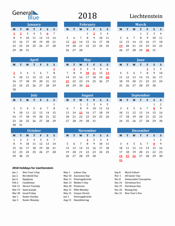 Printable Calendar 2018 with Liechtenstein Holidays (Monday Start)