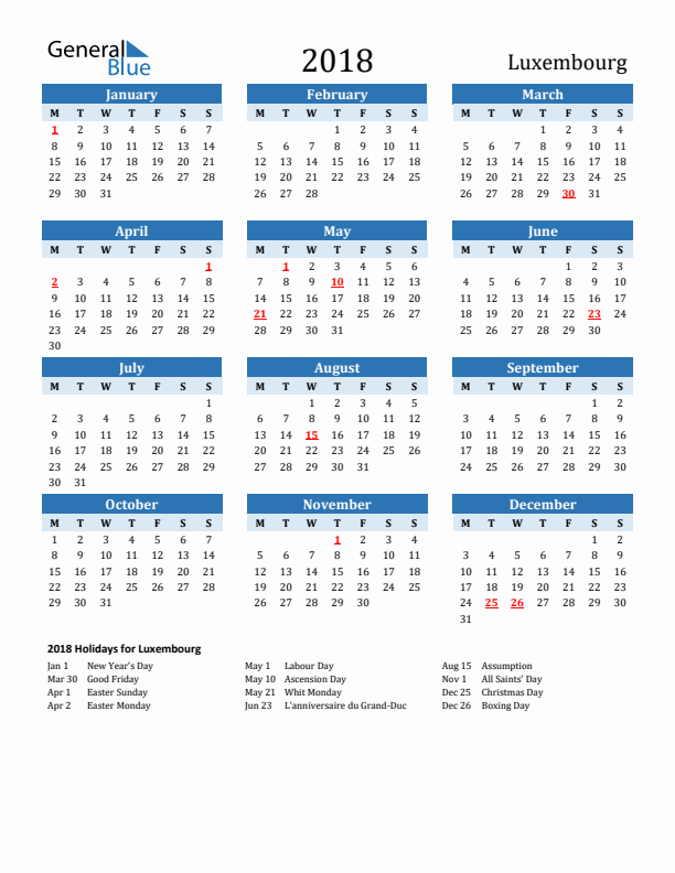 Printable Calendar 2018 with Luxembourg Holidays (Monday Start)