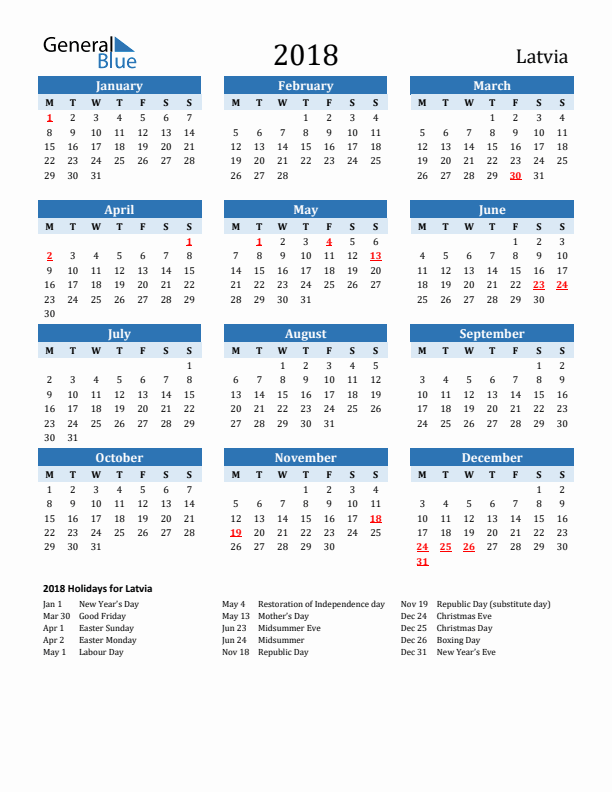 Printable Calendar 2018 with Latvia Holidays (Monday Start)