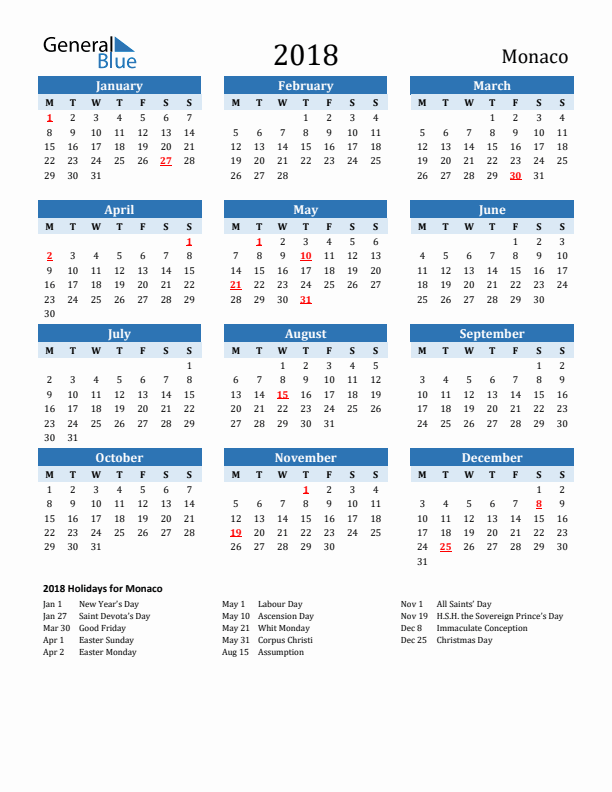 Printable Calendar 2018 with Monaco Holidays (Monday Start)