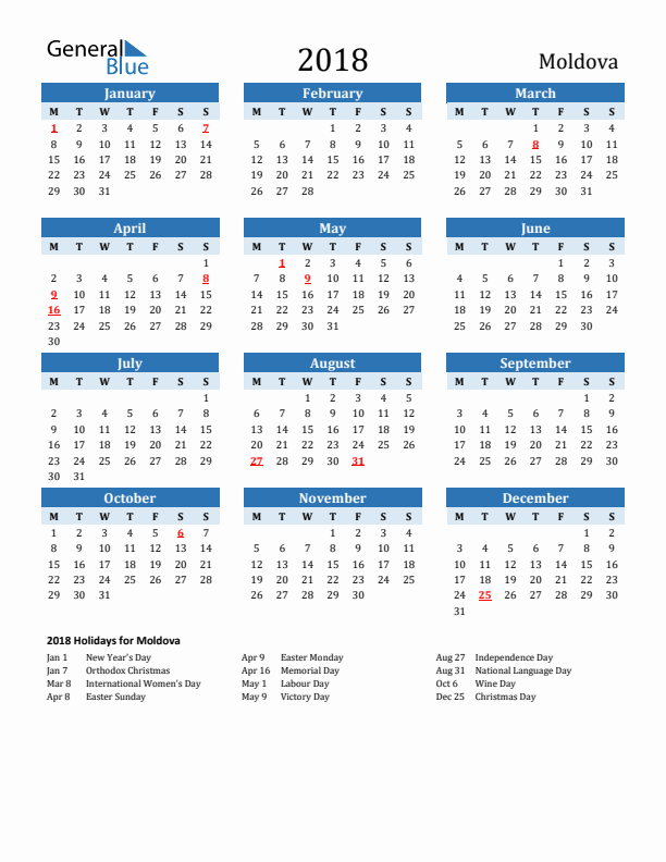 Printable Calendar 2018 with Moldova Holidays (Monday Start)
