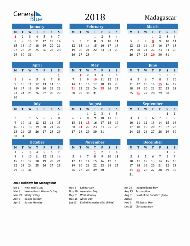 Printable Calendar 2018 with Madagascar Holidays (Monday Start)
