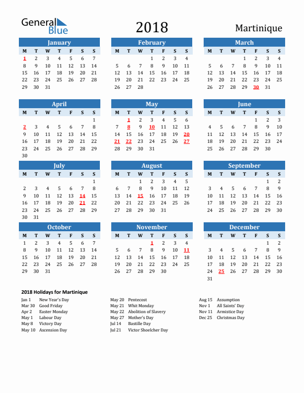 Printable Calendar 2018 with Martinique Holidays (Monday Start)