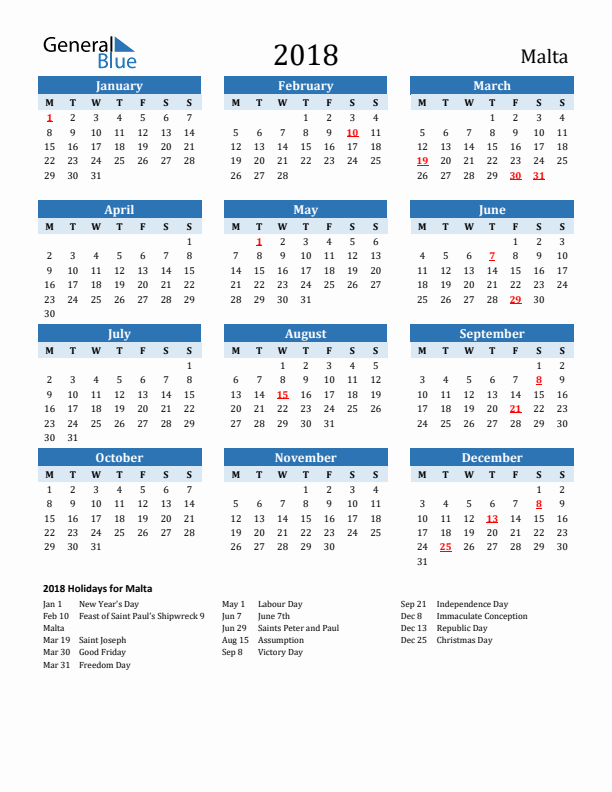 Printable Calendar 2018 with Malta Holidays (Monday Start)