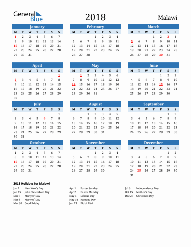Printable Calendar 2018 with Malawi Holidays (Monday Start)