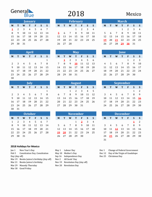Printable Calendar 2018 with Mexico Holidays (Monday Start)
