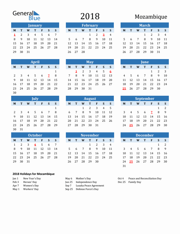 Printable Calendar 2018 with Mozambique Holidays (Monday Start)