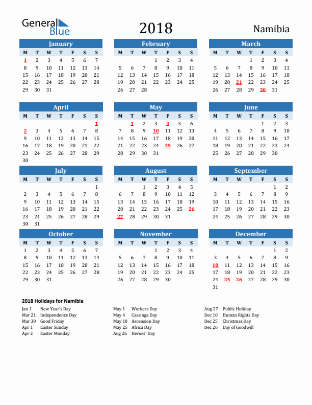 Printable Calendar 2018 with Namibia Holidays (Monday Start)