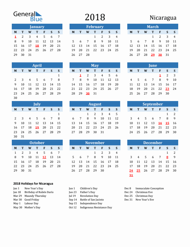 Printable Calendar 2018 with Nicaragua Holidays (Monday Start)