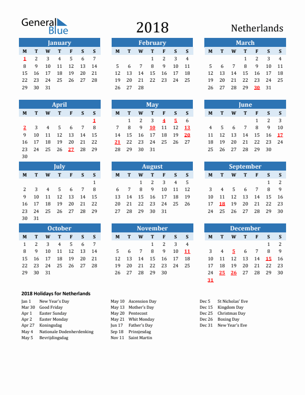 Printable Calendar 2018 with The Netherlands Holidays (Monday Start)