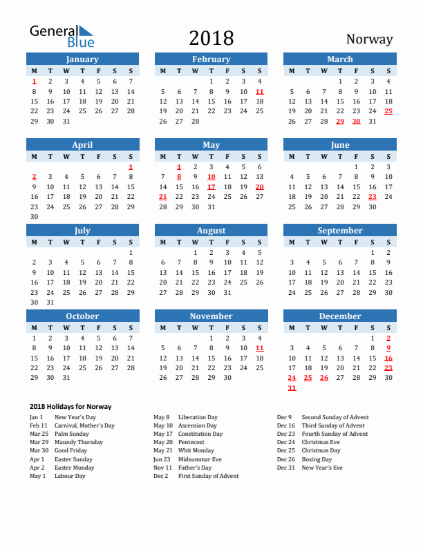Printable Calendar 2018 with Norway Holidays (Monday Start)