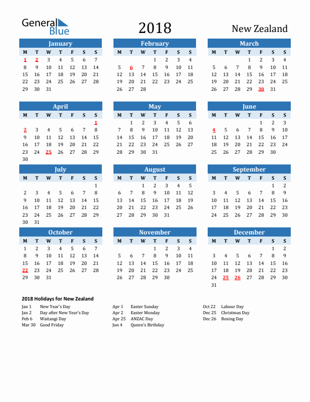 Printable Calendar 2018 with New Zealand Holidays (Monday Start)