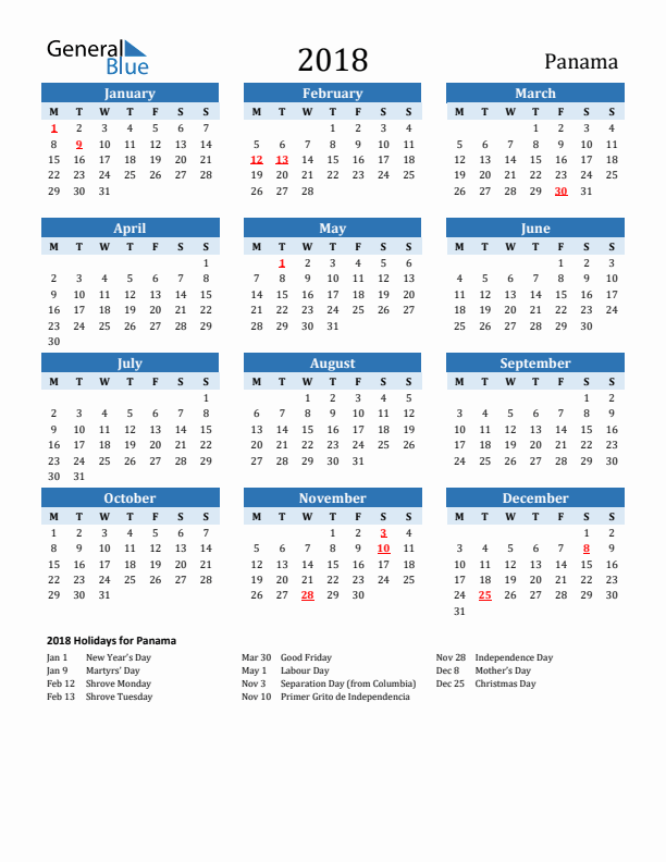 Printable Calendar 2018 with Panama Holidays (Monday Start)