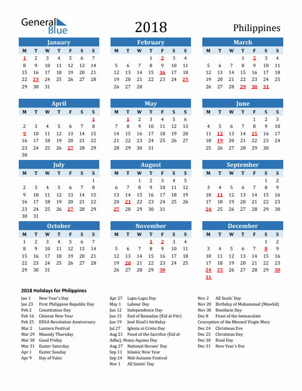 Printable Calendar 2018 with Philippines Holidays (Monday Start)